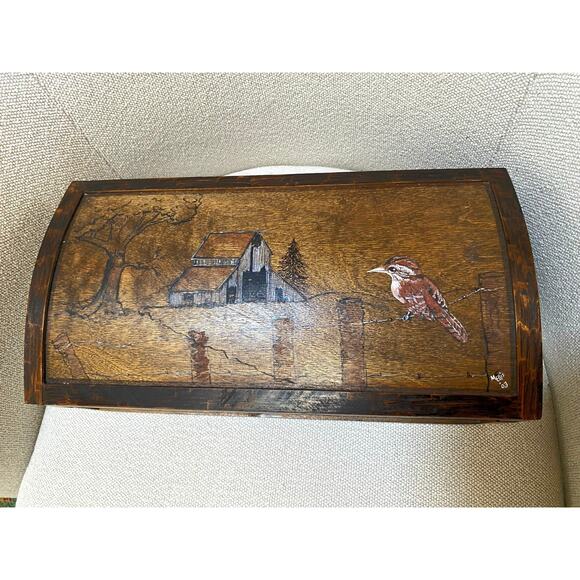 Handmade Wood‎ Handpainted Folk art Box Signed Barn Bird Rural scene Jewelry Box - Picture 8 of 10